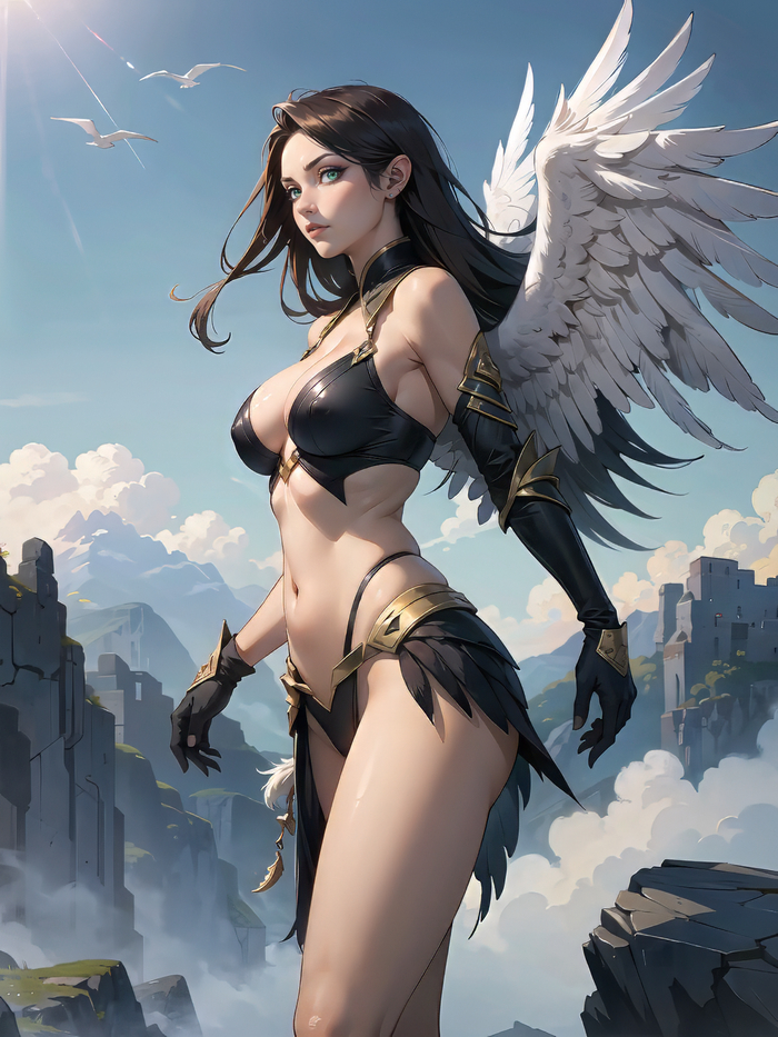 Winged Protector - NSFW, My, Art, Neural network art, Fantasy, 2D, Stable diffusion, Girls, Angel, Erotic, Elves, Phone wallpaper, Game art