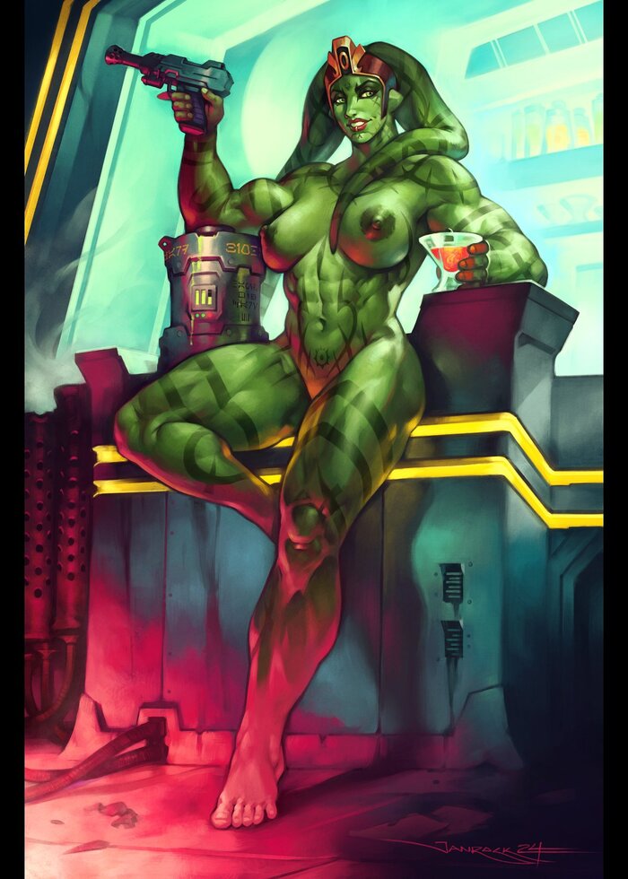 Mercenary - NSFW, Art, Star Wars, Aliens, Twilek, Bar, Blaster, Girls, Strong girl, Boobs, Erotic, Longpost