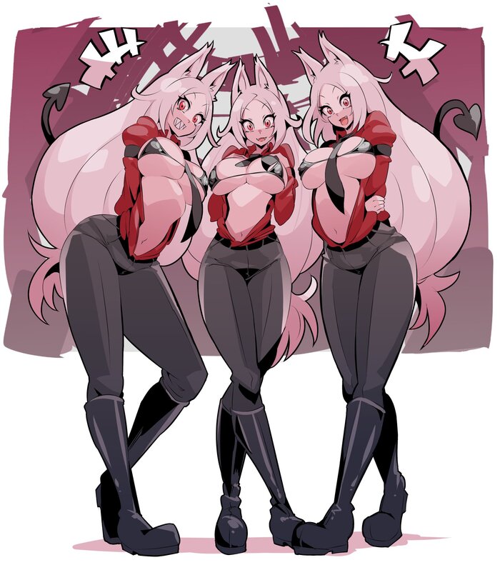 Triplets - NSFW, Anime art, Anime, Games, Helltaker, Cerberus, Girls, Erotic, Underwear, Boobs, Art, Animal ears