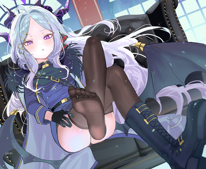 Hello, people of high culture - NSFW, Anime, Anime art, Blue archive, Sorasaki Hina, Stockings, Pantsu, Foot fetish, Girl with Horns