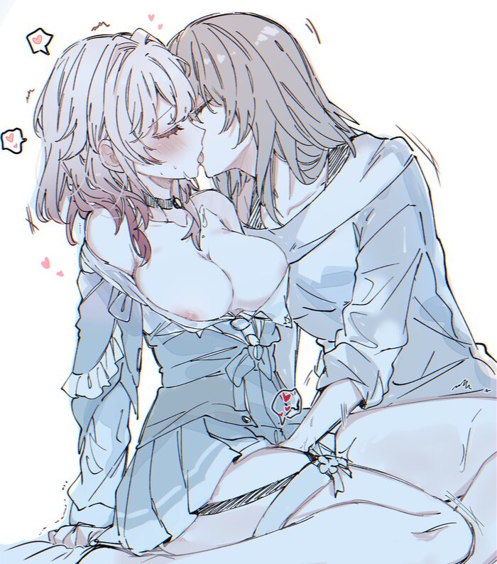 Stelle & March - NSFW, Anime art, Anime, Yuri, Honkai: Star Rail, Stelle (Honkai: Star Rail), March 7th (Honkai: Star Rail), Boobs, Fingering, Kiss, Friend, Twitter (link)