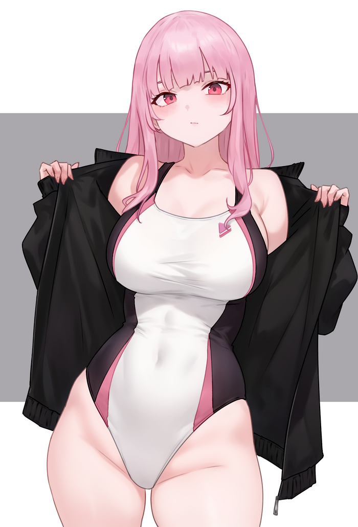 Hot dad - NSFW, Art, Anime, Anime art, Hololive, Virtual youtuber, Mori calliope, Bluefield, Boobs, Swimsuit, Medical masks, Booty, Erotic, Hand-drawn erotica, Longpost