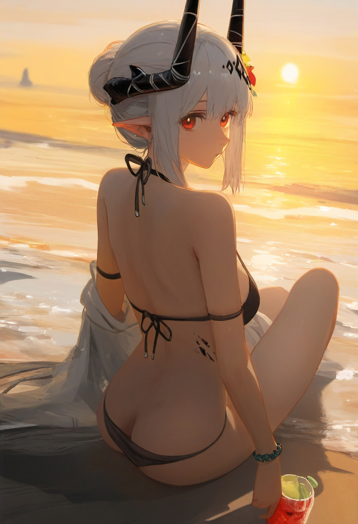 Mudrock - NSFW, Anime art, Anime, Arknights, Mudrock, Swimsuit, Red eyes, Sea, Beach, Girls, Girl with Horns, Neural network art