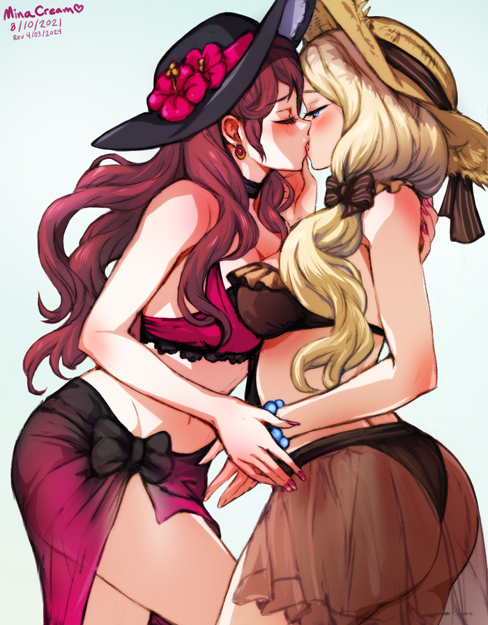 Dorothea & Mercedes - NSFW, Anime art, Anime, Yuri, Fire emblem, Dorothea, Mercedes Von Martlitz, Kiss, Boobs, Naked, Swimsuit, Friend, Longpost, Twitter (link)