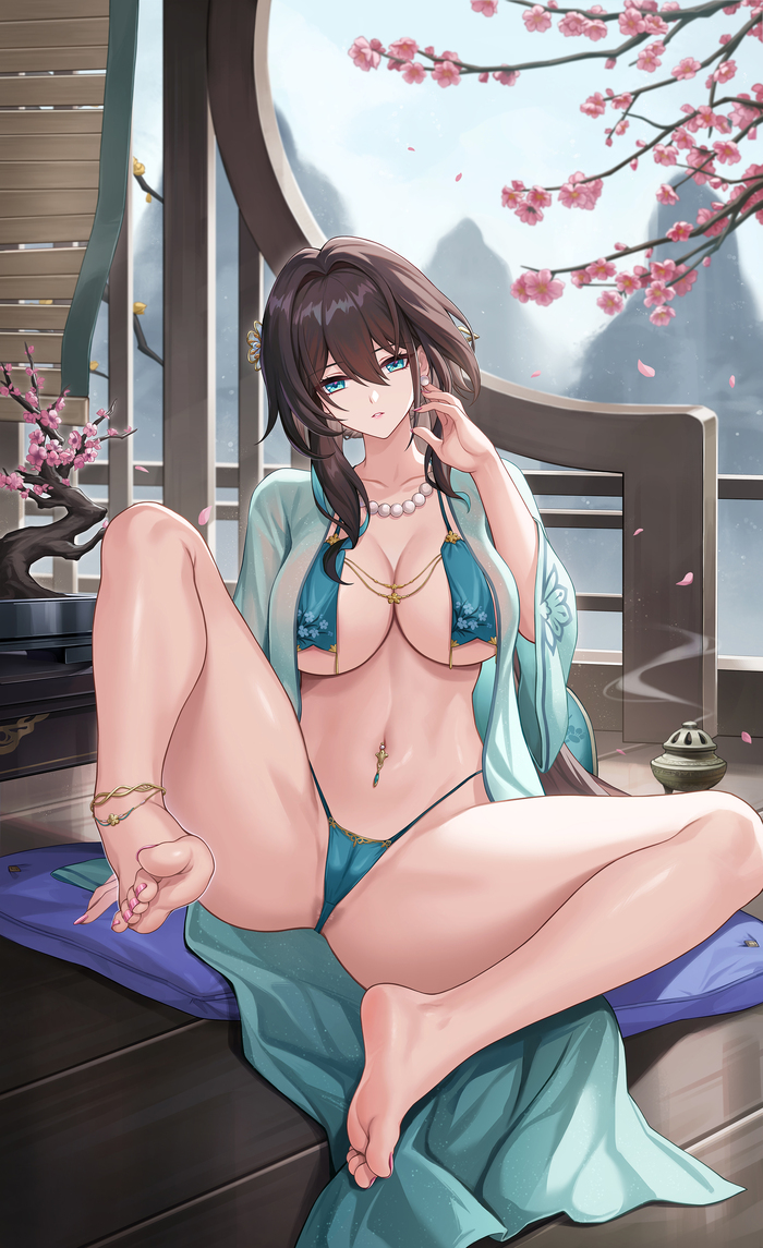 Ответ на пост «Ruan Mei» - NSFW, Anime Art, Honkai: Star Rail, Ruan Mei (Honkai: Star Rail), Pixiv, Аниме, Бедра, Живот, Пупок, Сиськи, Пирсинг, Ответ на пост