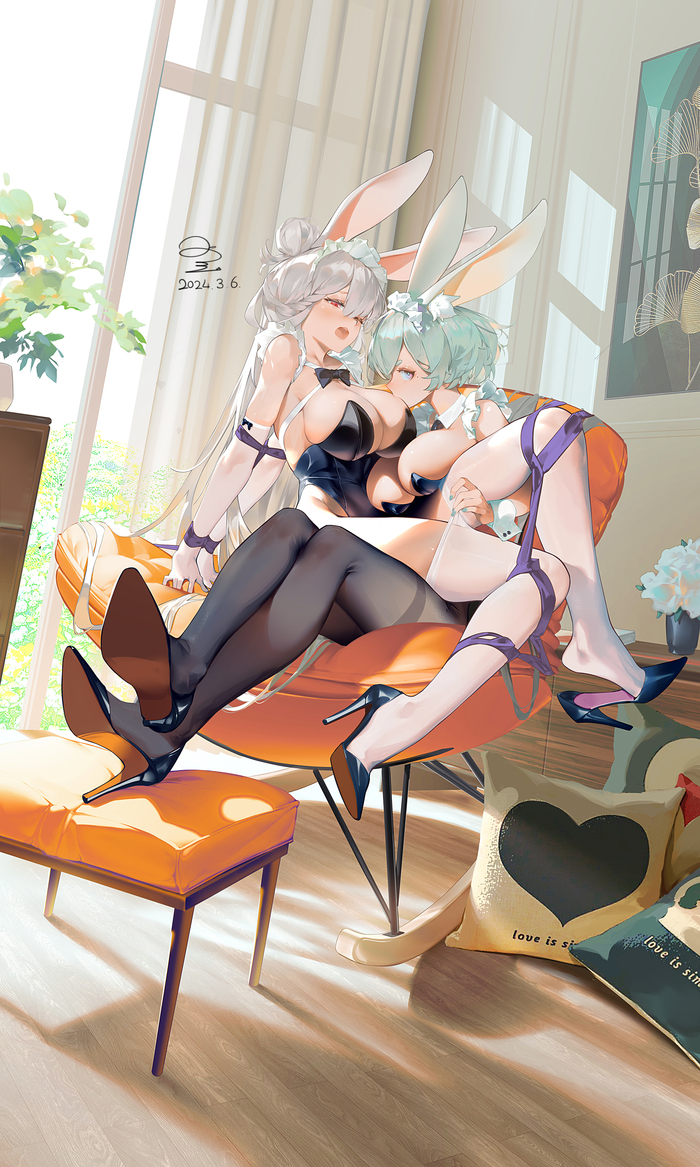 Bunnies - NSFW, Anime art, Anime, Bunnysuit, Bunny ears, Yuri, Stockings, High heels, Boobs, Original character