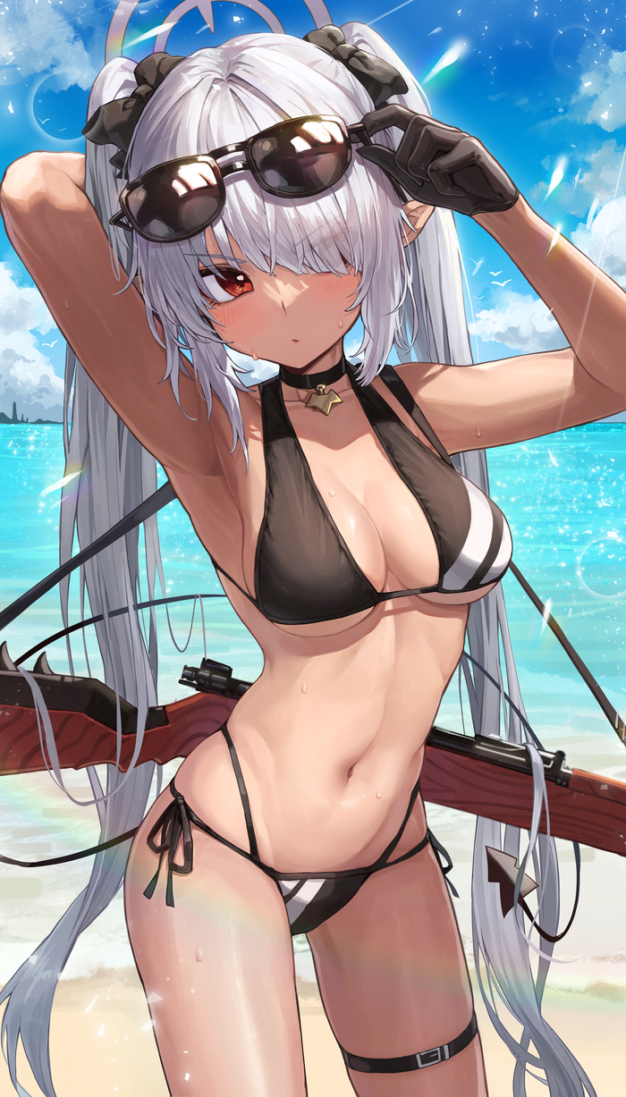 Iori - NSFW, Anime, Anime art, Girls, Games, Shiromi iori, Blue archive, Swimsuit, Bikini, Beach, Sea, Art