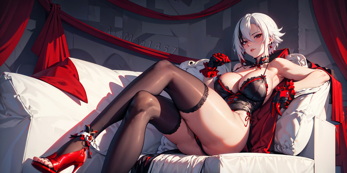 Harlequin: A servant and just a beauty for your desktops - NSFW, My, Arlecchino (Genshin Impact), Genshin impact, Desktop wallpaper, Girls, Neckline, Stockings, Legs, Foot fetish, Sits well, Digital drawing, Neural network art, Anime art, Stable diffusion, Hand-drawn erotica