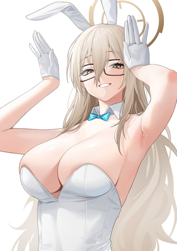 Bunny Akane - NSFW, Anime, Anime art, Blue archive, Murokasa Akane, Bunnysuit, Bunny ears, Girl in glasses