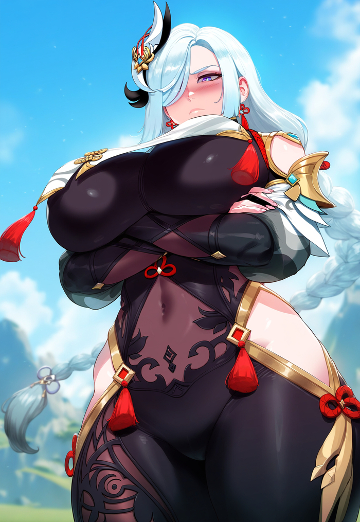 Shenhe - NSFW, Art, Anime, Anime art, Hand-drawn erotica, Erotic, Neural network art, Genshin impact, Shenhe (Genshin Impact), Extra thicc, Longpost