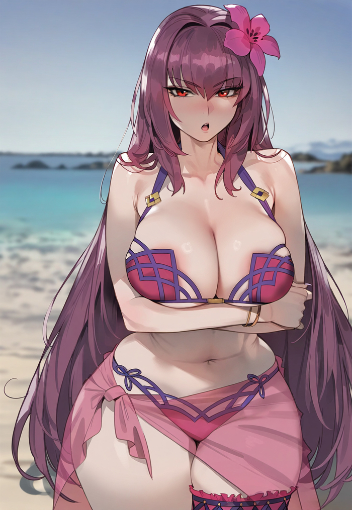 Scathach - NSFW, Art, Anime, Anime art, Hand-drawn erotica, Erotic, Neural network art, Fate, Fate grand order, Scathach, Extra thicc, Swimsuit, Longpost, Twitter (link)
