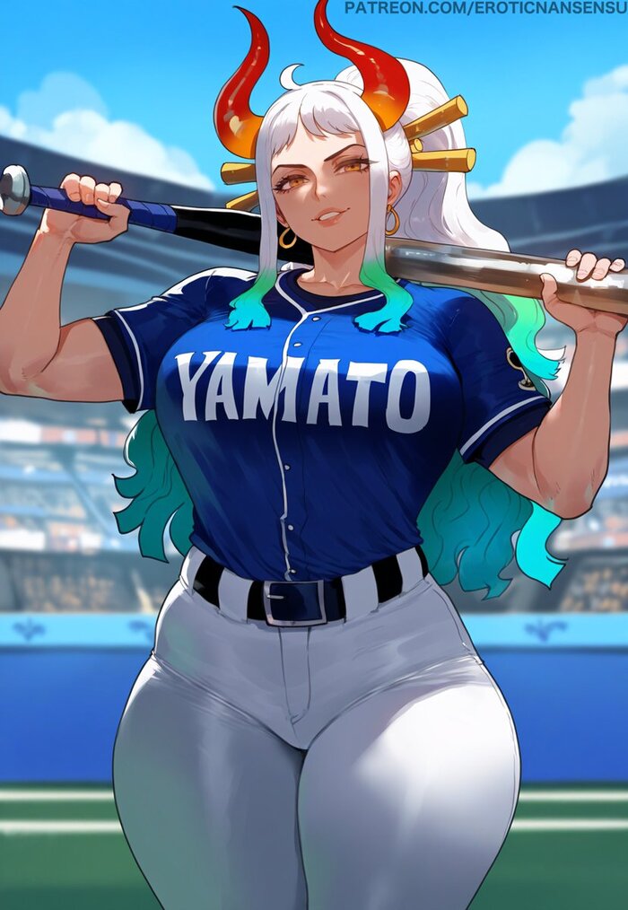 Yamato - NSFW, Art, Anime, Anime art, Hand-drawn erotica, Erotic, Neural network art, One piece, Yamato (One Piece), Girl with Horns, Baseball, Twitter (link), Extra thicc, Longpost, Eroticnansensu