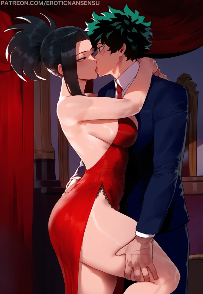 Continuation of the post Evening for Two - NSFW, Eroticnansensu, Art, Anime, Anime art, Hand-drawn erotica, Erotic, Boku no hero academia, Yaoyorozu momo, Midoriya izuku, Extra thicc, Neural network art, Reply to post