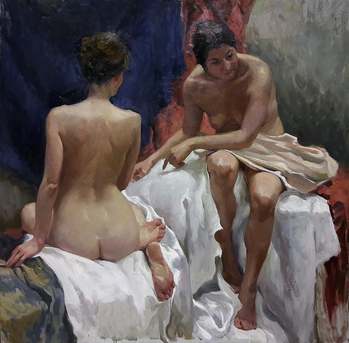 Two Ages (Two-figure production) Milyukhin Vyacheslav. 123x120 cm. Canvas. Oil - NSFW, My, Painting, Artist, Art, Modern Art, Painting, Girls, Academy of Arts, Academy, Art, Oil painting, Canvas, model