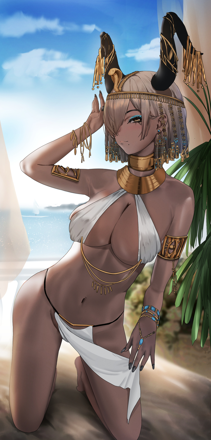 Cleopatra Owari - NSFW, Art, Anime, Anime art, Azur lane, Owari, Boobs, Cleopatra, Girl with Horns, Erotic, Hand-drawn erotica