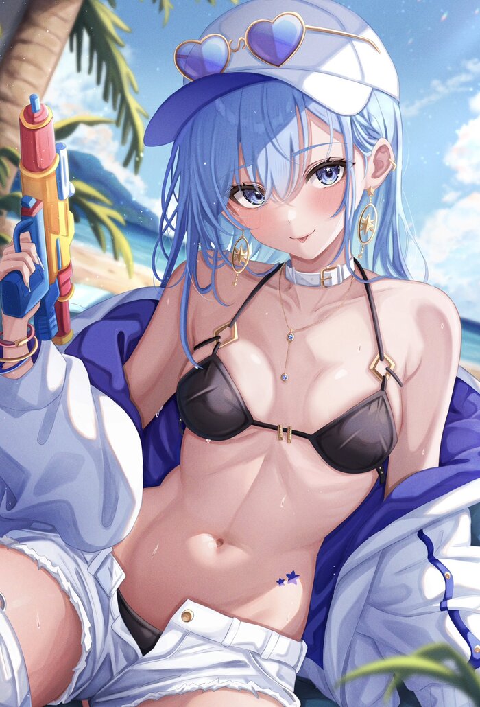 Hoshimachi Suisei - NSFW, Anime art, Anime, Hololive, Virtual youtuber, Hoshimachi suisei, Swimsuit, Water gun, Stomach, Navel, Longpost