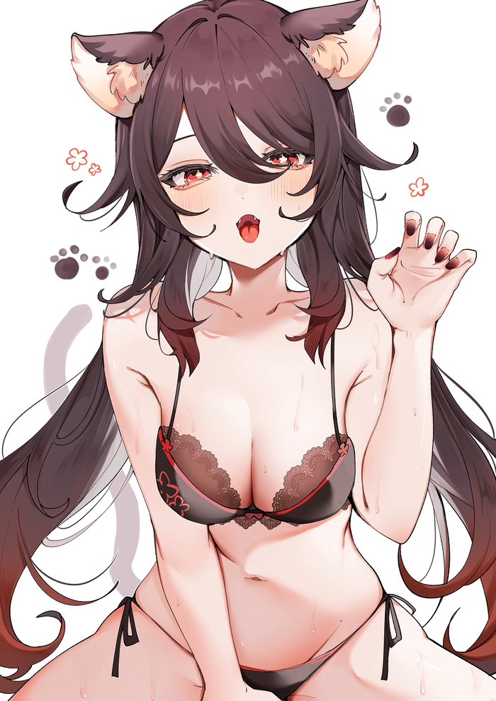 Nya - NSFW, Anime Art, Аниме, Genshin Impact, Hu Tao (Genshin Impact), Animal Ears, Нижнее белье, Панцу