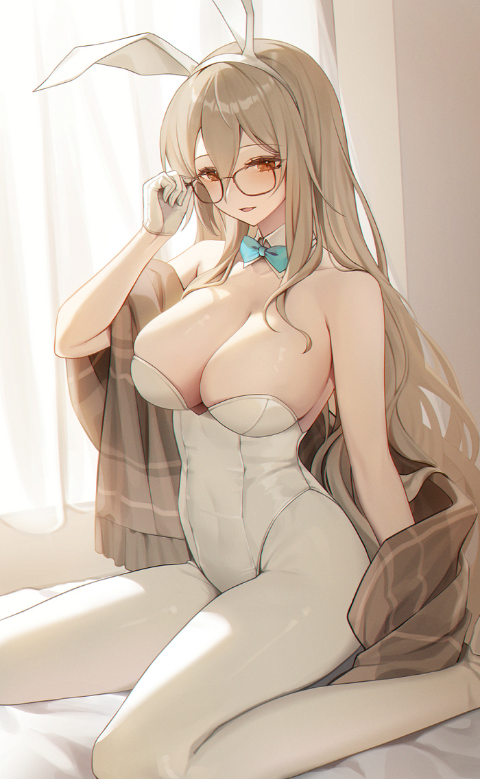 Bunny Akane - NSFW, Anime, Anime art, Blue archive, Murokasa Akane, Girl in glasses, Bunnysuit, Bunny ears, Tights