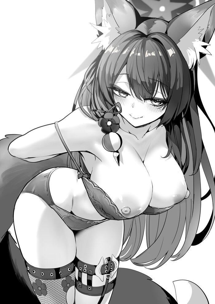 Wakamo - NSFW, Anime art, Anime, Blue archive, Kosaka Wakamo, Animal ears, Kitsune, Boobs, Underwear, Tail, Black and white