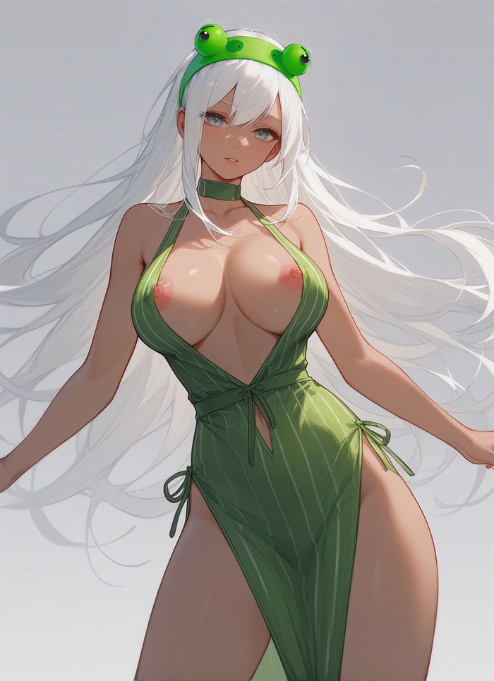 White-haired toad <3 - NSFW, My, Girls, Art, Anime art, Neural network art, Phone wallpaper, It Is Wednesday My Dudes, Wednesday, Toad, Long hair, Memes, Anime, Erotic, Hand-drawn erotica, Boobs, Original character, White hair, Topless, Neckline