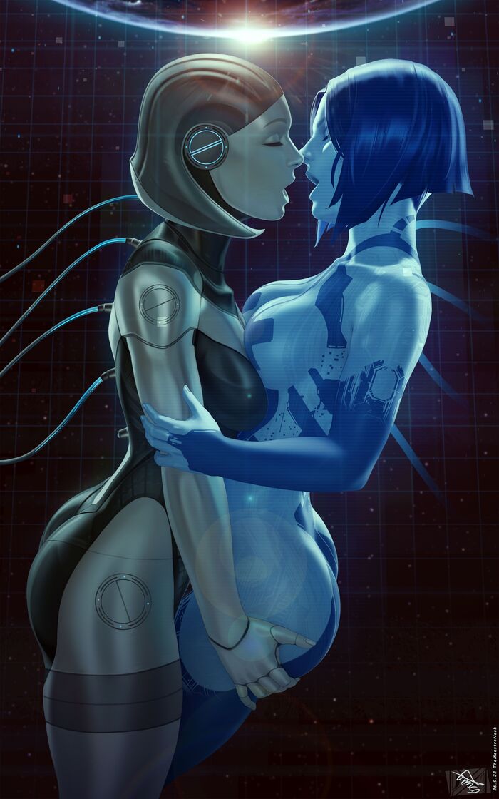 Wow, artificial intelligences! - NSFW, Themaestronoob, Art, Hand-drawn erotica, Erotic, Crossover, Mass effect, EDI, Halo, Cortana, Yuri