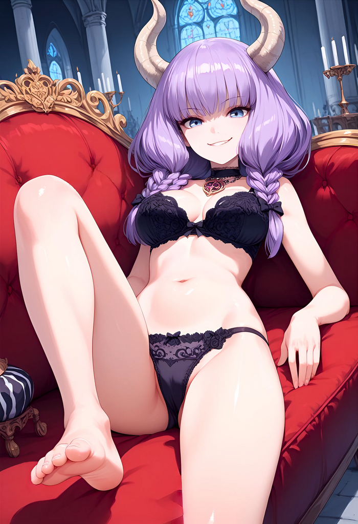 Aura the guillotine - NSFW, Anime, Anime art, Sousou no Frieren, Aura (Sousou No Frieren), Underwear, Foot fetish, Demon, Neural network art