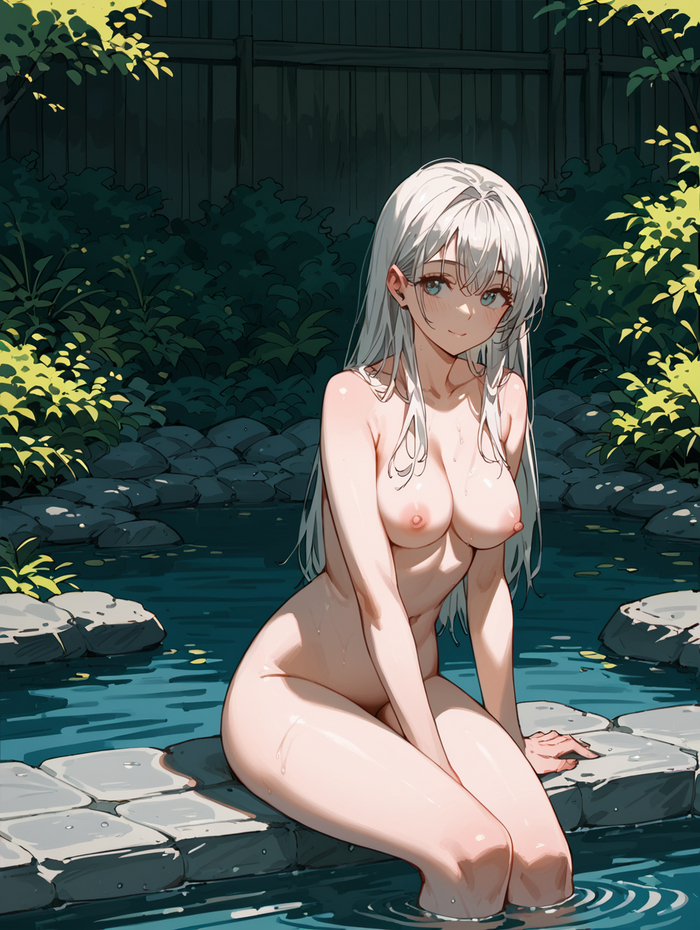 Pleasant summer coolness - NSFW, My, Girls, Art, Anime, Anime art, Neural network art, Water, Characters (edit), Relaxation, Original character, Long hair, Naked, Erotic, Hand-drawn erotica, Cool, A source, Boobs