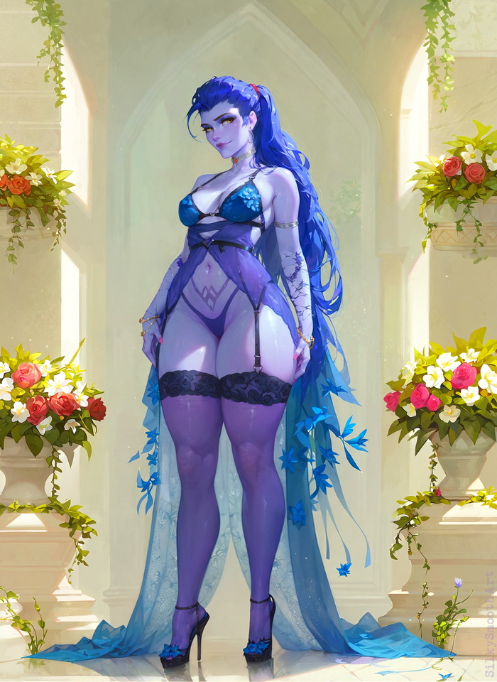 Widow - NSFW, My, Erotic, Boobs, Widow, Widowmaker, Overwatch, Neural network art, Art, Choker, Stable diffusion, Game art, Stockings