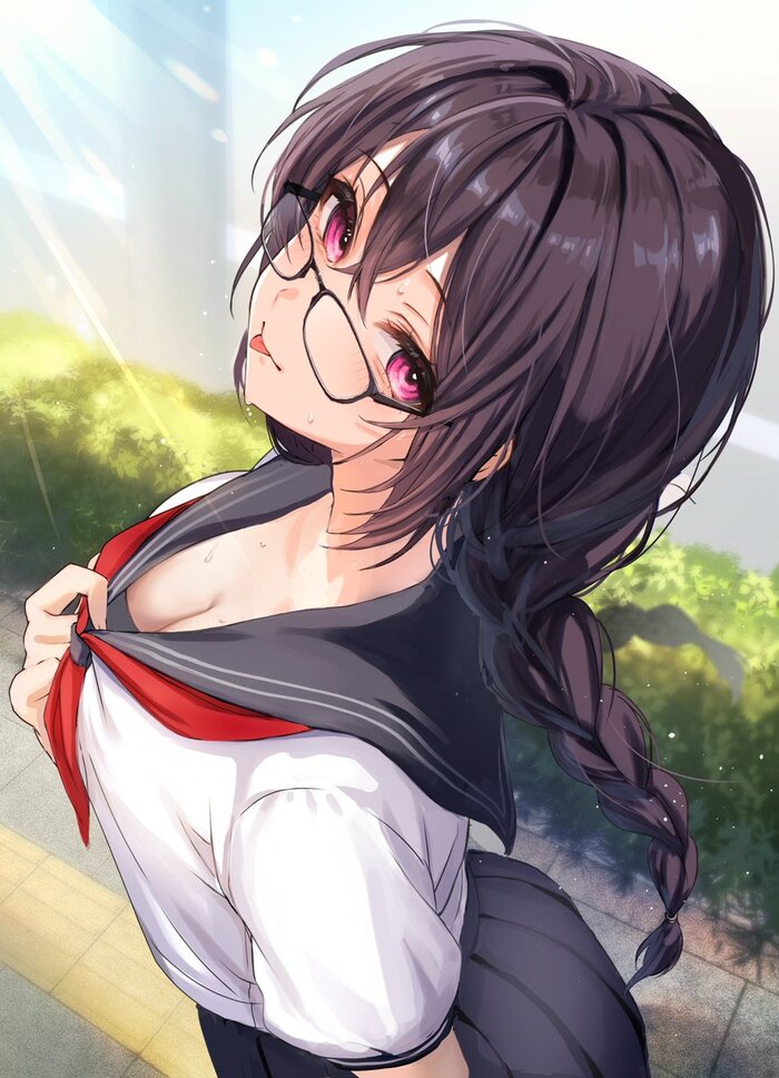 Tempts senpai - NSFW, Anime art, Original character, Anime, Girls, Seifuku, Glasses, Yufou