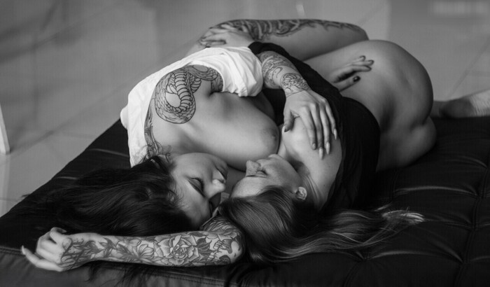 Olga Kobzar and Evgeniya Talanina - NSFW, The photo, PHOTOSESSION, Boobs, Pubes, Girl with tattoo, Erotic, Monochrome, Longpost