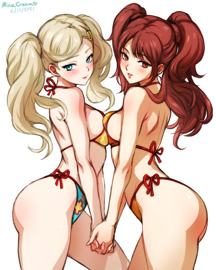 Arcana Lovers - NSFW, Minacream, Art, Anime, Anime art, Hand-drawn erotica, Erotic, Persona, Persona 4, Persona 5, Ann takamaki, Kujikawa Rise, Swimsuit, Yuri, Longpost