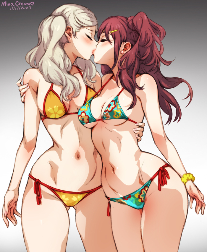 Arcana Lovers - NSFW, Minacream, Art, Anime, Anime art, Hand-drawn erotica, Erotic, Persona, Persona 4, Persona 5, Ann takamaki, Kujikawa Rise, Swimsuit, Yuri, Longpost