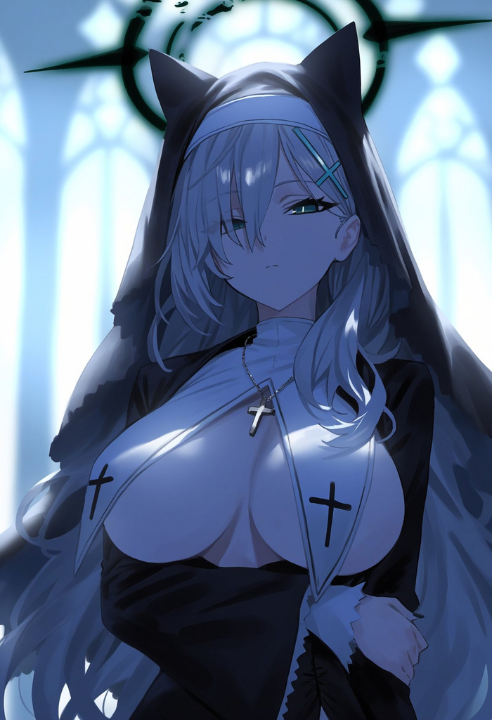 Shiroko - NSFW, Anime, Anime art, Art, Girls, Games, Blue archive, Shiroko Terror, Sunaookami shiroko, Nun, Neural network art, Boobs