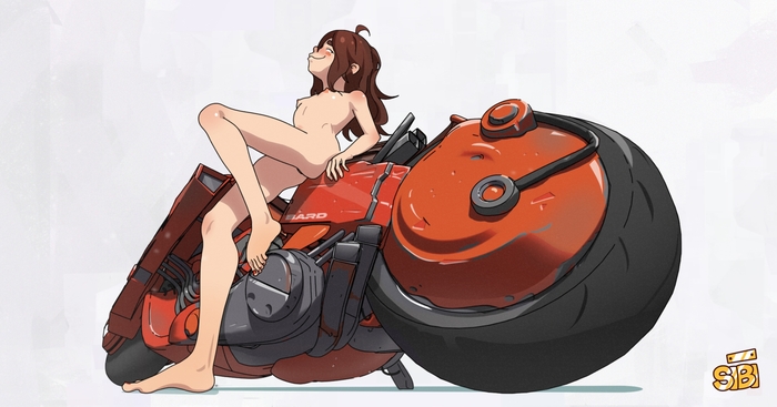 I took a picture with someone else's motorcycle - NSFW, My, Art, Erotic, Boobs, Original character, Hand-drawn erotica, Akira, Moto, Nudism