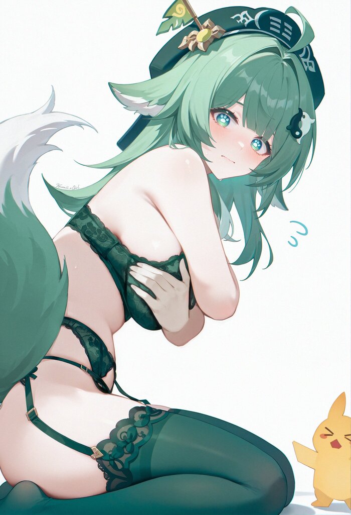 Don't look! - NSFW, Anime, Anime art, Huohuo (Honkai: Star Rail), Honkai: Star Rail, Underwear, Stockings, Animal ears, Tail, Neural network art