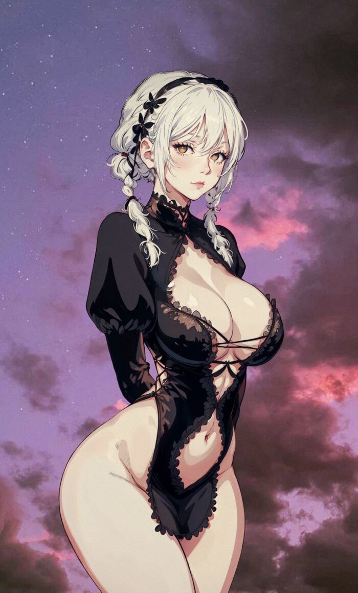 Milota - NSFW, My, Neural network art, Anime, Anime art, Girls, Beautiful view, Neckline, Hips, Revealing dress, Boobs, Phone wallpaper, Carpet, Clouds, Longpost, Hand-drawn erotica, White hair, Amber Eyes