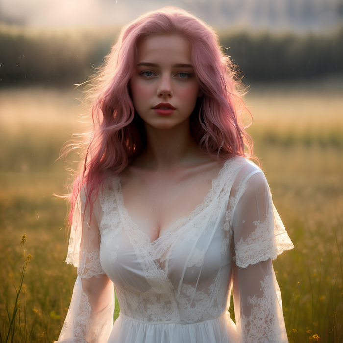 On a green field - NSFW, My, Neural network art, Erotic, Art, Anime art, Stable diffusion, The dress, Colorful hair