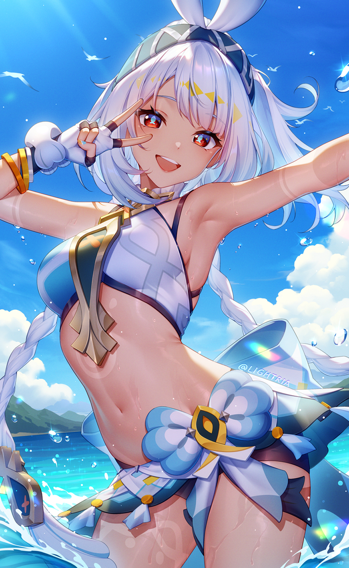 Mualani - NSFW, Mualani (Genshin Impact), Anime art, Anime, Pixiv, Genshin impact, Stomach, Navel