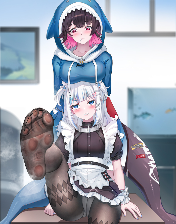 Gawr Gura and Elien #001 - NSFW, Anime, Anime art, Zenless Zone Zero, Gawr gura, Ellen Joe (zzz), Crossover, Tights, Tail, Virtual youtuber, Cosplay, Housemaid, Belt, Barrette, Blush, Aquarium, Window