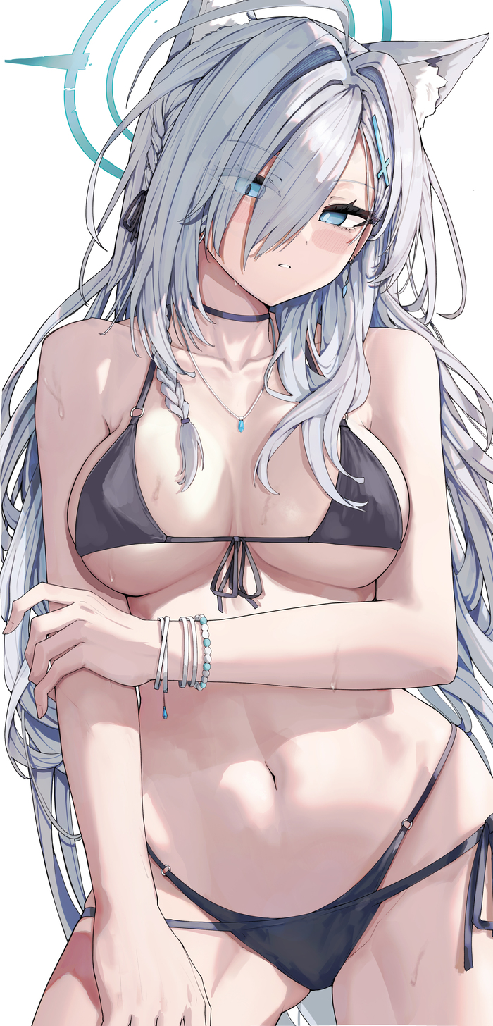 Sunaookami Shiroko #017 - NSFW, Anime, Anime art, Blue archive, Shiroko Terror, Long hair, Girls, Nimbus, Animal ears, Stomach, Bikini, Swimsuit, Choker, Sweat