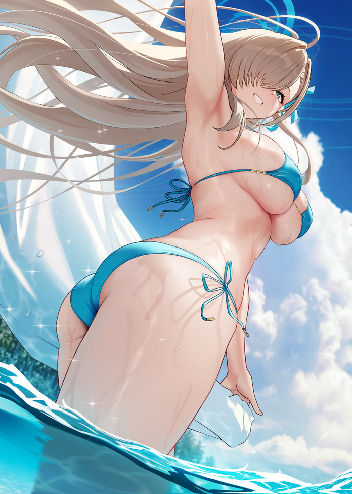 Asuna - NSFW, Anime art, Anime, Ichinose asuna, Blue archive, Bikini, Sea, Booty, Boobs