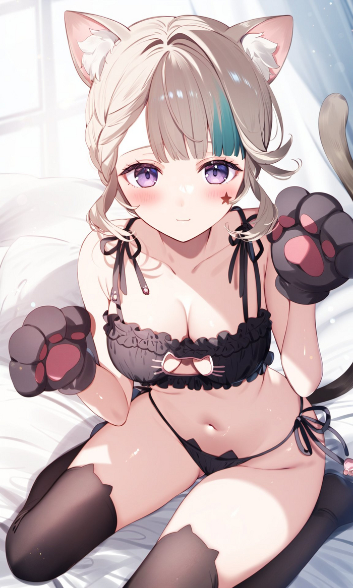 Kitty - NSFW, Genshin impact, Lynette (Genshin Impact), Art, Girls, Games, Anime art, Anime, Neural network art, Animal ears, Tail, Stockings, Poyon_na