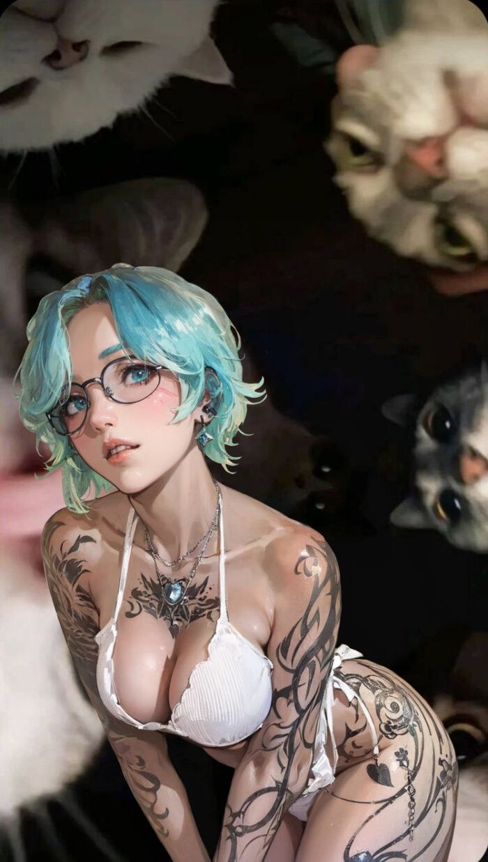 Anything else - NSFW, My, Neural network art, Anime art, Girls, Glasses, Boobs, Swimsuit, Colorful hair, Poster, Ahegao, cat, Girl with tattoo, Erotic, Longpost