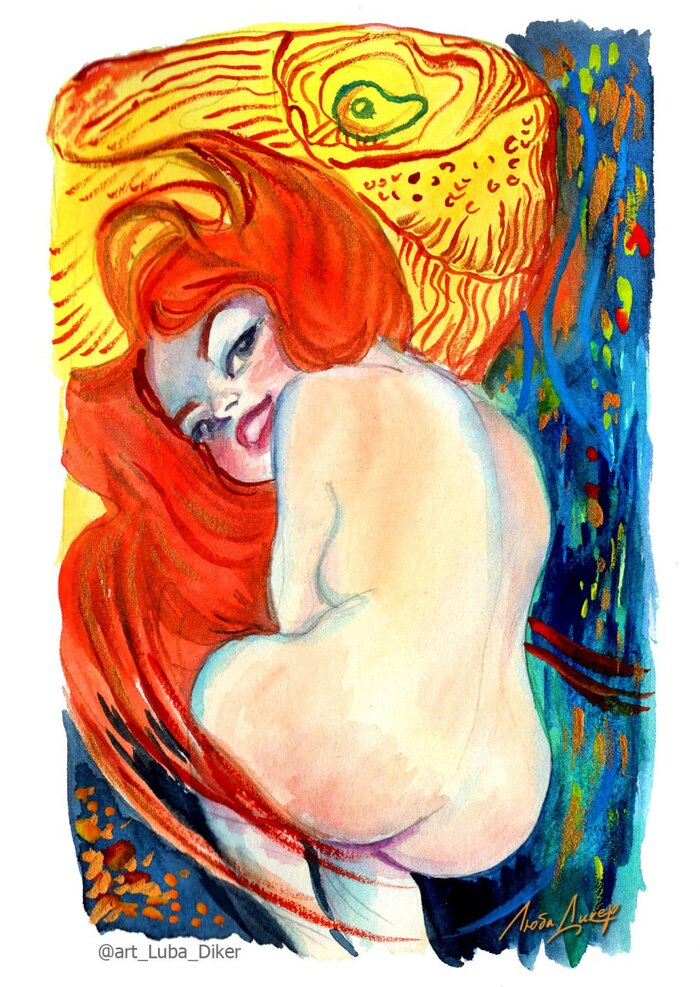 My cartoon in watercolor based on the painting Goldfish by Klimt - NSFW, My, Modern Art, Artist, Art, Painting, Painting, Gustav Klimt, Watercolor