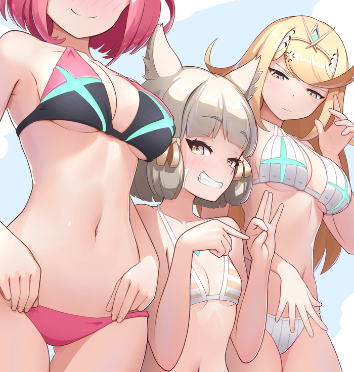 Язык жестов Нии - NSFW, Anime Art, Аниме, Xenoblade, Nintendo Switch, Mythra, Nia, Pyra, Zambonito, Купальник