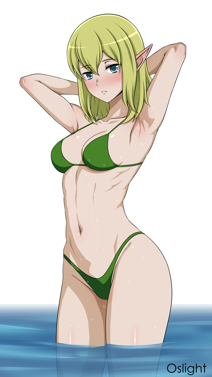 Рю - NSFW, Ryu lion, Pixiv, Аниме, Anime Art, Эльфы, Danmachi, Купальник