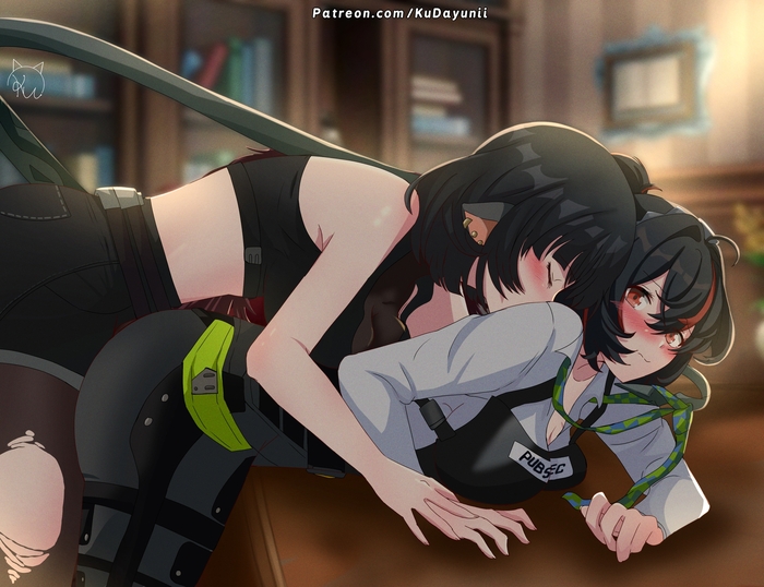 Jane Doe & Zhu Yuan - NSFW, Anime art, Anime, Friend, Yuri, Zenless Zone Zero, Jane Doe (zzz), Zhu Yuan (zzz), Animal ears, Tail, Hugs