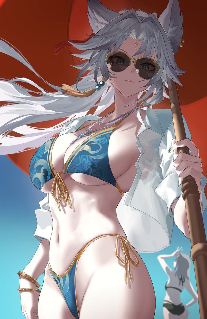 Feixiao - NSFW, Anime art, Anime, Feixiao (Honkai: Star Rail), Honkai: Star Rail, Bikini, Girl in glasses, Umbrella, Animal ears, Stelle (Honkai: Star Rail)