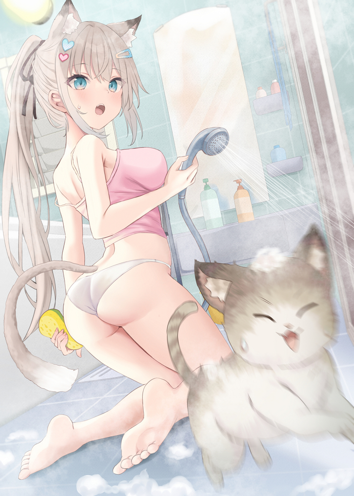 Come back!! - NSFW, Anime art, Anime, Original character, Neko, Animal ears, Tail, cat, Shower