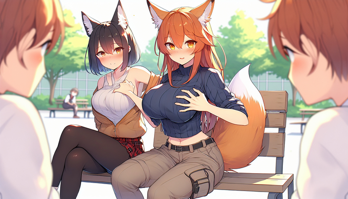 When we were sitting in the park and saw the boys - NSFW, My, Neural network art, Anime art, Anime, Animal ears, Kitsune